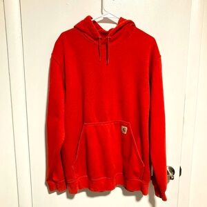 Mens Large Loose Fit Red Carhartt Hoodie - Cool Print on Arm